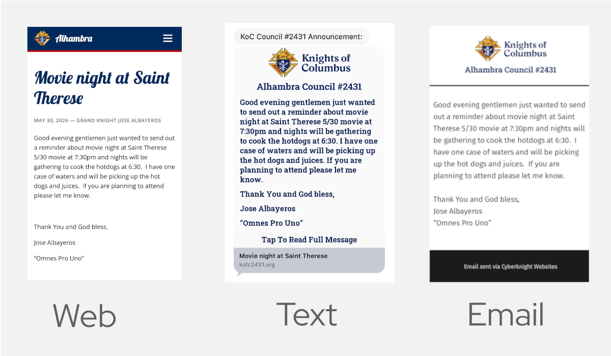 Announcements across web, text, and email